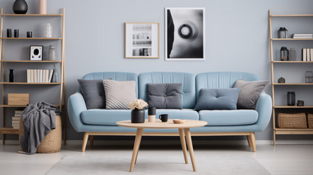 Cosy blue living room interior design, stylish modern livingroom. generative aiの素材