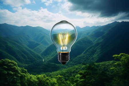 Light bulb on forest mountain background, sustainability, renewable green energy and idea concept. generative aiの素材