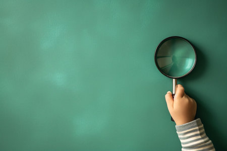 Smart todler kid hand holding magnifying glass on green background, learning, exploring and searching concept. generative aiの素材