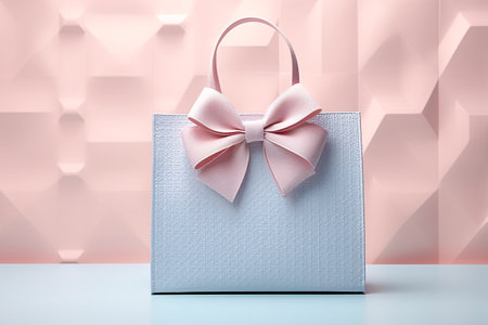 Luxurious blue shopping bag on pink background, Valentine surprise offer promotion concept. generative aiの素材