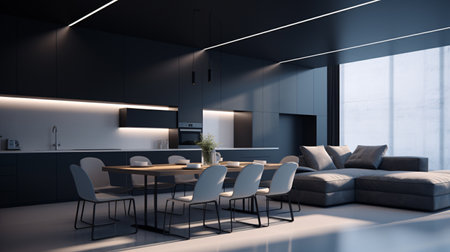 Luxurious open plan livingroom and kitchen in black and dark grey, modern style living room and kitchen interior design. generative aiの素材