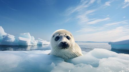 Adorable baby harp seal pup on melting ice floe, global warming and climate change concept. generative aiの素材