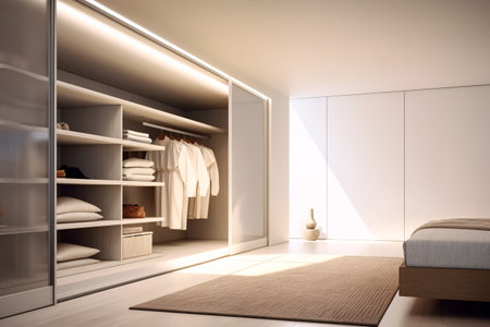 Modern white walk in closet, minimal walk in wardrobe interior design. generative aiの素材