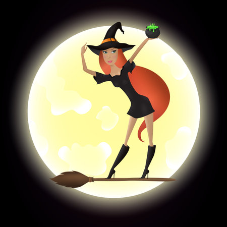 Red hair witch standing on the broomstick and  のイラスト素材