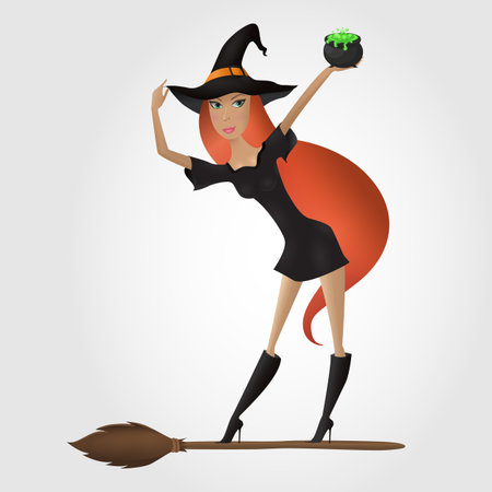 Red hair witch standing on the broomstick and holding cauldron with green potion. Hand drawn.  のイラスト素材