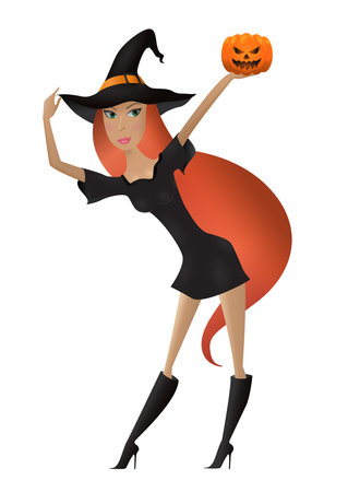 Red hair witch holding pumpkin. Hand drawn. Eps 10.のイラスト素材