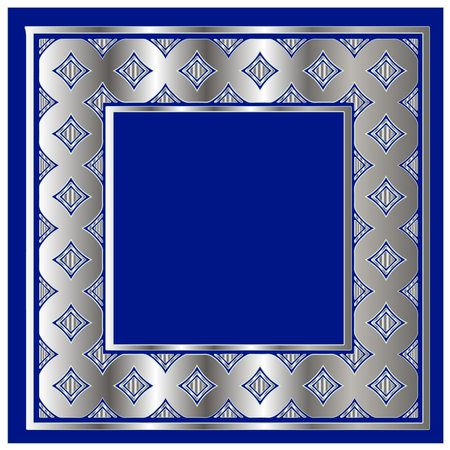 silver frame for design template. Elegant element for design in Eastern style, place for text.on a blue background. Lace vector illustration for invitations and greeting cardsのイラスト素材