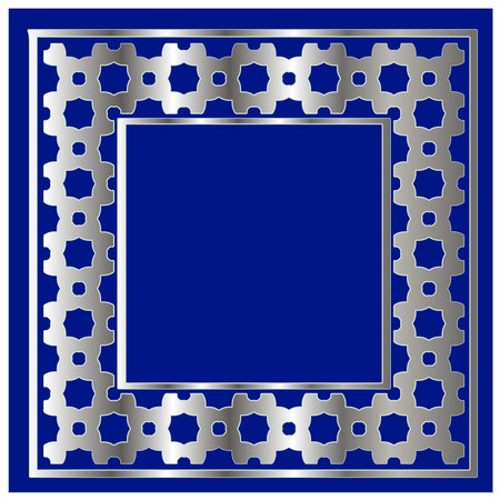 silver frame for design template. Elegant element for design in Eastern style, place for text.on a blue background. Lace vector illustration for invitations and greeting cardsのイラスト素材