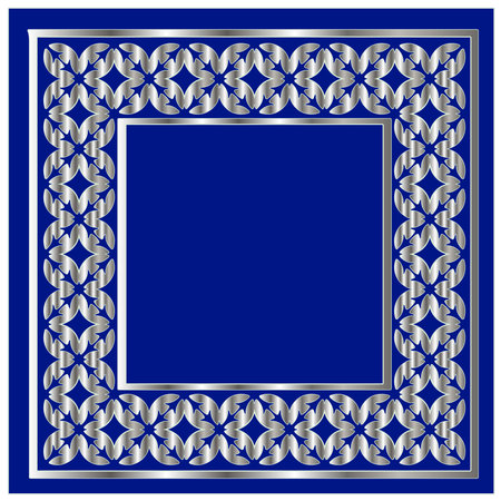 silver frame for design template. Elegant element for design in Eastern style, place for text.on a blue background. Lace vector illustration for invitations and greeting cardsのイラスト素材