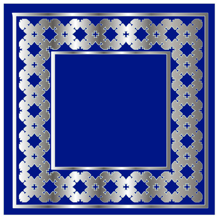 silver frame for design template. Elegant element for design in Eastern style, place for text.on a blue background. Lace vector illustration for invitations and greeting cardsのイラスト素材