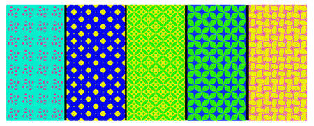 Set of bright colorful backgrounds with modern minimal labels. Cute abstract textures. repeating multicolored abstract shapesのイラスト素材