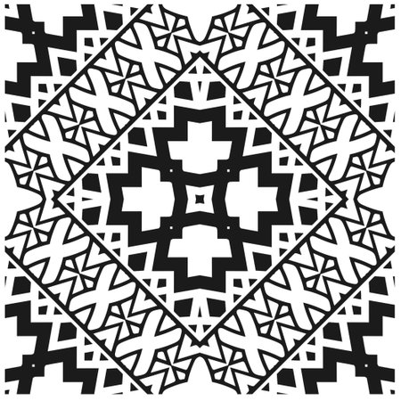 Vector geometric seamless pattern. Minimal ornamental background with abstract shapes. Black and white mandala. Simple abstract background. Dark repeat design for decor, fabric, cloth.のイラスト素材