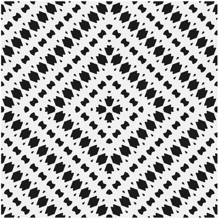 Vector geometric seamless pattern. Minimal ornamental background with abstract shapes. Black and white texture. Simple abstract background. Dark repeat design for decor, fabric, cloth.のイラスト素材