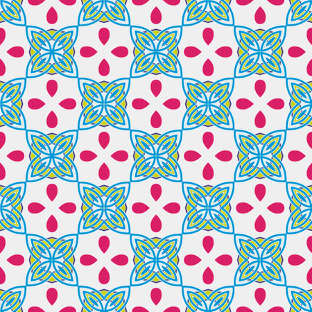 Geometric ornament in ethnic style.Abstract seamless pattern with squares,floral shapes, repeat tiles.Repeat design for fashion, textile design, on wall paper, wrapping paper, fabrics and home decor.のイラスト素材