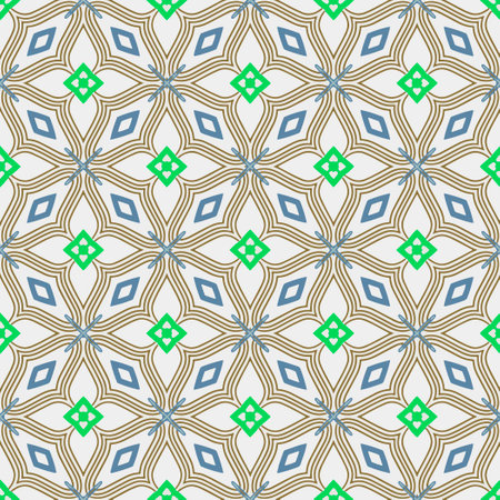 Geometric ornament in ethnic style.Abstract seamless pattern with squares,floral shapes, repeat tiles.Repeat design for fashion, textile design, on wall paper, wrapping paper, fabrics and home decor.のイラスト素材