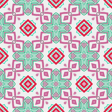 Geometric ornament in ethnic style.Abstract seamless pattern with squares,floral shapes, repeat tiles.Repeat design for fashion, textile design, on wall paper, wrapping paper, fabrics and home decor.のイラスト素材