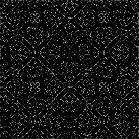Black background with figures from dots. Black and white pattern for web page, textures, card, poster, fabric, textile. Repeating design.のイラスト素材