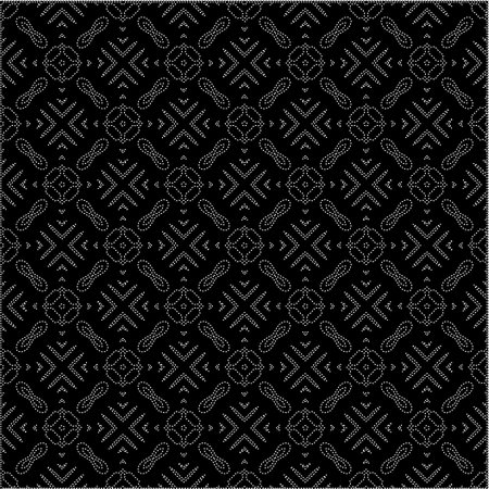 Black background with figures from dots. Black and white pattern for web page, textures, card, poster, fabric, textile. Repeating design.のイラスト素材