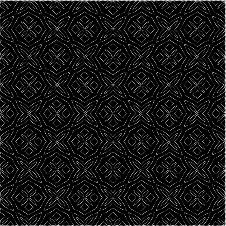 Black background with figures from dots. Black and white pattern for web page, textures, card,...