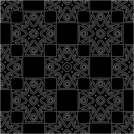 Black background with figures from white lines. Black and white pattern for web page, textures, card, poster, fabric, textile. Monochrome pattern. Repeating design.のイラスト素材