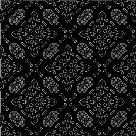 Black background with figures from white lines. Black and white pattern for web page, textures, card, poster, fabric, textile. Monochrome pattern. Repeating design.のイラスト素材