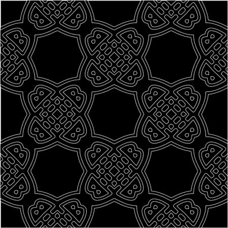 Black background with figures from white lines. Black and white pattern for web page, textures, card, poster, fabric, textile. Monochrome pattern. Repeating design.のイラスト素材