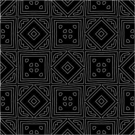 Black background with figures from white lines. Black and white pattern for web page, textures, card, poster, fabric, textile. Monochrome pattern. Repeating design.のイラスト素材