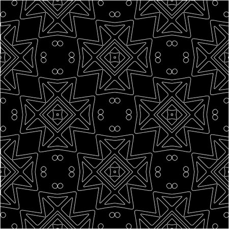 Black background with figures from white lines. Black and white pattern for web page, textures, card, poster, fabric, textile. Monochrome pattern. Repeating design.のイラスト素材