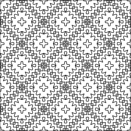 Black lines on white background.Wallpaper with figures from lines. Abstract geometric black and white pattern for web page, textures, card, poster, fabric, textile. Repeat pattern.のイラスト素材