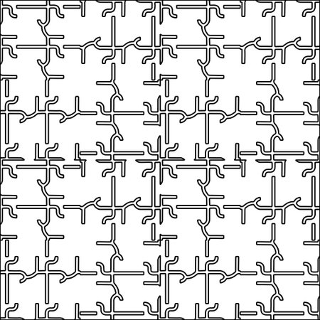 Black lines on white background.Wallpaper with figures from lines. Abstract geometric black and white pattern for web page, textures, card, poster, fabric, textile. Monochrome repeating design.のイラスト素材