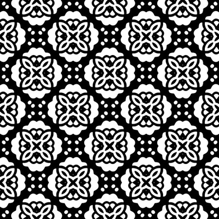 Wallpaper with Seamless repeating pattern. Black and white pattern. Abstract background. Monochrome texture for web page, textures, card, poster, fabric, textile.のイラスト素材