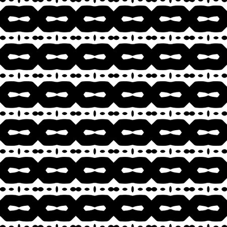 Seamless pattern. Black and white geometrical background with decorative tribal elements.Repeat pattern fot design background, wrapping paper, clothing, fabric, packaging. Graphic illustration.のイラスト素材