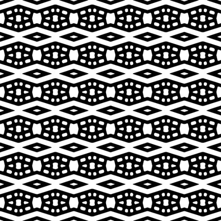 Seamless pattern. Black and white geometrical background with decorative tribal elements.Repeat pattern fot design background, wrapping paper, clothing, fabric, packaging. Graphic illustration.のイラスト素材