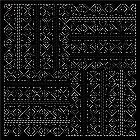 Black background with figures from dots. Black and white pattern for web page, textures, card, poster, fabric, textile. Repeating design.のイラスト素材