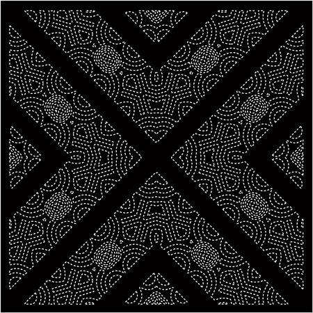 Black background with figures from dots . Black and white pattern for web page, textures, card, poster, fabric, textile. Repeating design.のイラスト素材