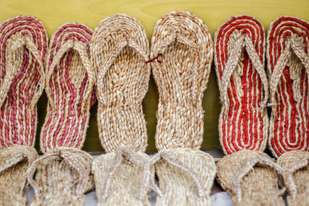 organic slippers made up of jute displayed for saleの写真素材