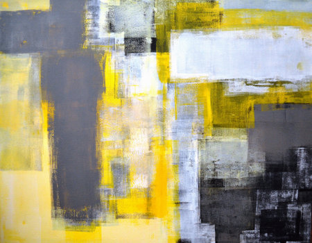 Grey and Yellow Abstract Art Paintingの写真素材