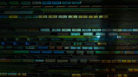railway loading and parking station, photo from the top in the dark