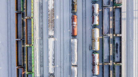 Winter view of railway tracks and wagons