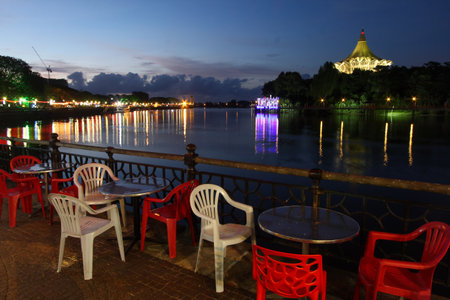 Kuching city riverside esplanade in the evening, Sarawak, Malaysiaのeditorial素材