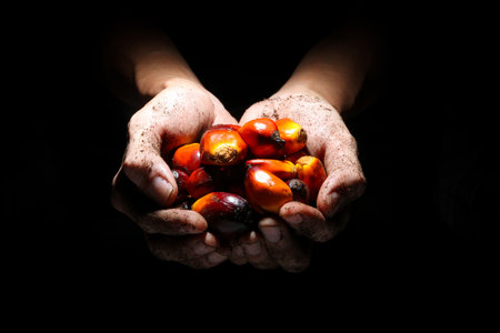 A pair of soil covered hands hlding oil palm fruitsの写真素材