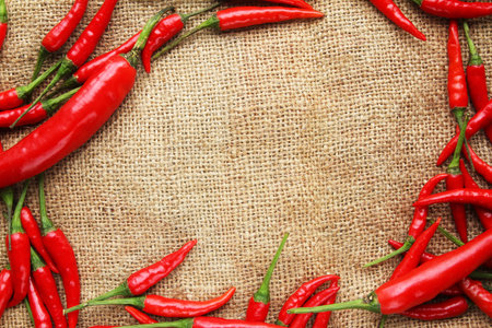 Chilli pepper frame on gunny sack textureの写真素材