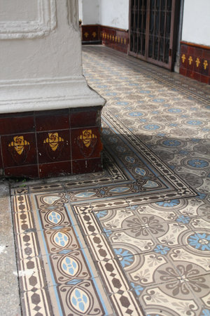 Intricate patterns of floor tiles of houses in Melaka, Malaysia.のeditorial素材