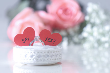 Marriage proposal ring with roses in backgroundの写真素材
