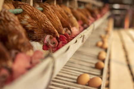 Chicken farm eggs selective point, hens doing eating food, egg chicken farmの写真素材