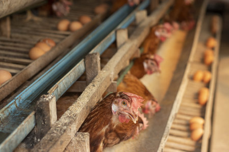 Chicken farm eggs selective point, hens doing eating food, egg chicken farmの写真素材