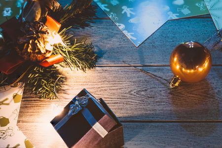 Christmas gifts on wooden background / Flat lay, copy space.の写真素材