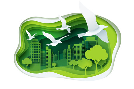 Paper carve to bird and park on green town shape, paper art concept and ecology idea, vector art and illustration.のイラスト素材