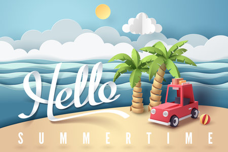 Paper art of red car park at beach with hello summertime text, origami and travel concept, vector art and illustration.のイラスト素材