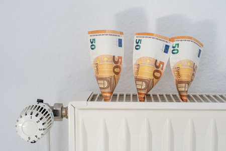 50 euro bills on a radiator, concept image for heating costsの写真素材